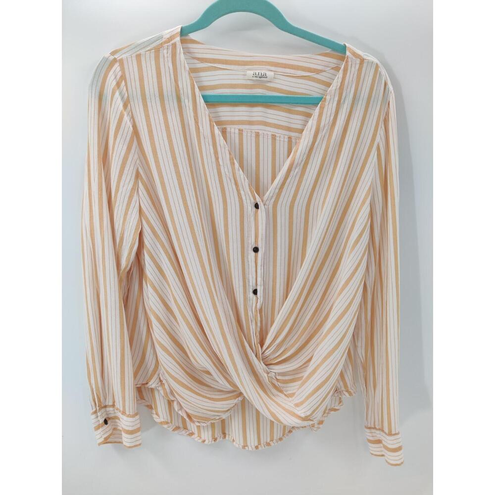 ANA Blouse Women's Size Medium Yellow White Striped V-Neck Button Faux Tie
